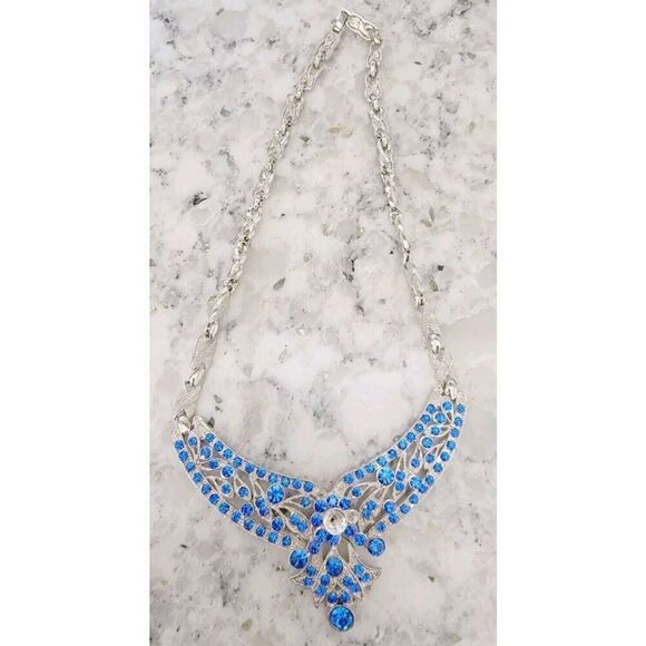 Vintage 80's/90's Necklace Blue Crystal‎ Rhinestone Art Glass *2 Stones MISSING* - Picture 2 of 10